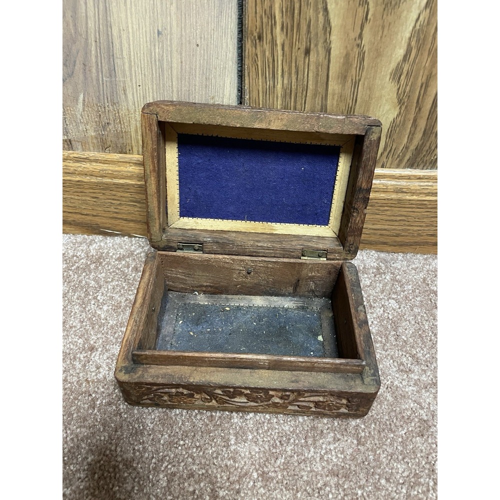VTG Wooden Hand Carved Jewelry Trinket Box Hinged Lid Made India Inlaid Felt 70 - Picture 3 of 10